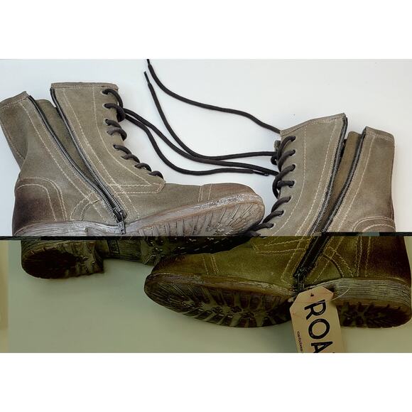 Roan Affair Leather Combat Boots 7M Olive Suede Zip Lace Distress Mid Calf Army - Picture 9 of 13